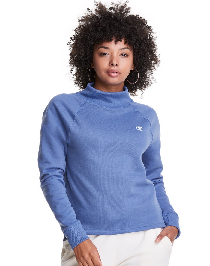 Champion Powerblend Fleece Mock Neck Embroidered Logo Kadın Sweatshirt Mavi ( EINCAH631 )